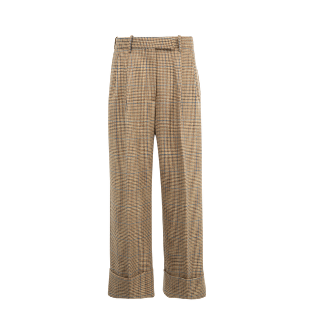 Image 1 of 5 - BROWN - THOM BROWNE Check Cheviot Tweed Trousers featuring double pleat, high-waist, tab front closure, button-fastening back welt pockets and signature striped grosgrain loop tab. 100% wool. Lining: 100% cupro. Made in Italy.