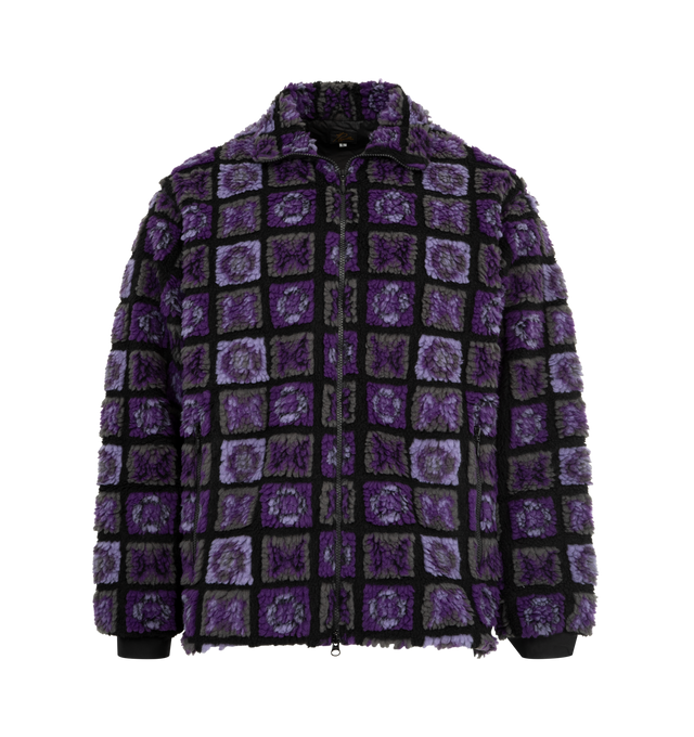 Image 1 of 3 - PURPLE - NEEDLES Papillon Plaid Pile Fur Jacket featuring stand-collar, oversized, wide silhouette, voluminous fur material, ribbed cuffs, iconic butterfly plaid pattern and zip closure. 100% polyester. Made in Japan.