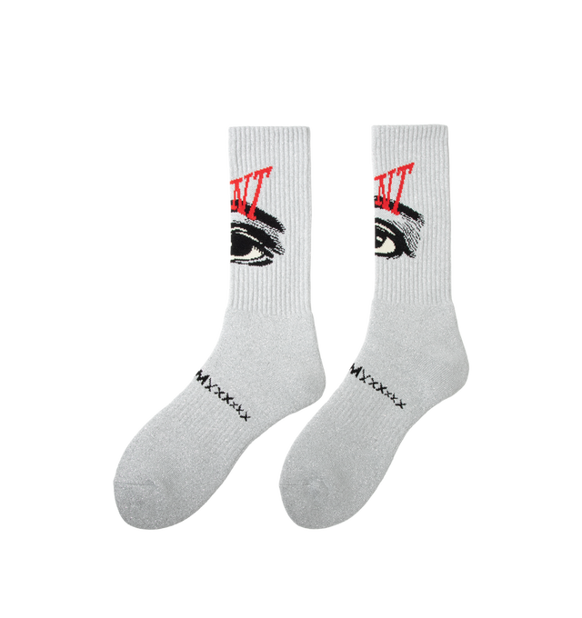 Image 2 of 3 - GREY - Saint Michael Mens Socks are crafted from a durable cotton-blend knit. Feature ribbed detailing, stitched branding and imagery, and a comfortable stretch fit. Main Material: Cotton, Polyester, Nylon, and Elastane Blend. Made in the USA.
