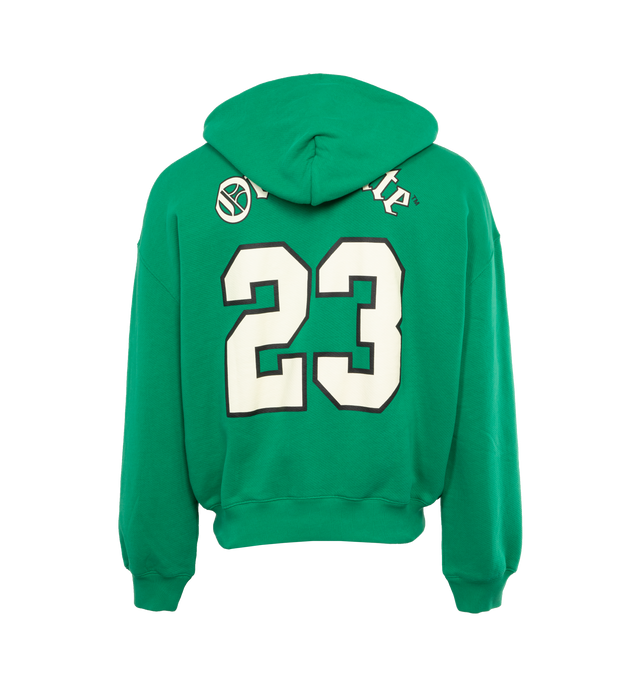 Image 2 of 4 - GREEN - OFF-WHITE FOOTBALL OVER HOODIE is an oversized hoodie that features collegiate-inspired branding and Virgil Abloh's last name in cursive on the front of the hoodie, an oversized number 23 with Off White wording above the number on the back in white with a drawstring hood and kangaroo pockets. 100% cotton. 
