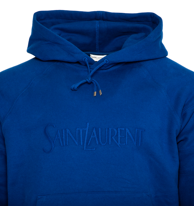 Image 3 of 3 - BLUE - SAINT LAURENT EMBROIDERED FLEECE HOODIE MADE WITH ORGANIC COTTON, FEATURING RAGLAN SLEEVES, A KANGAROO POCKET, RIB-KNIT CUFFS AND HEM AND TONAL SAINT LAURENT EMBROIDERY ON THE CHEST.  100% ORGANIC COTTON.  MADE IN FRANCE. 
