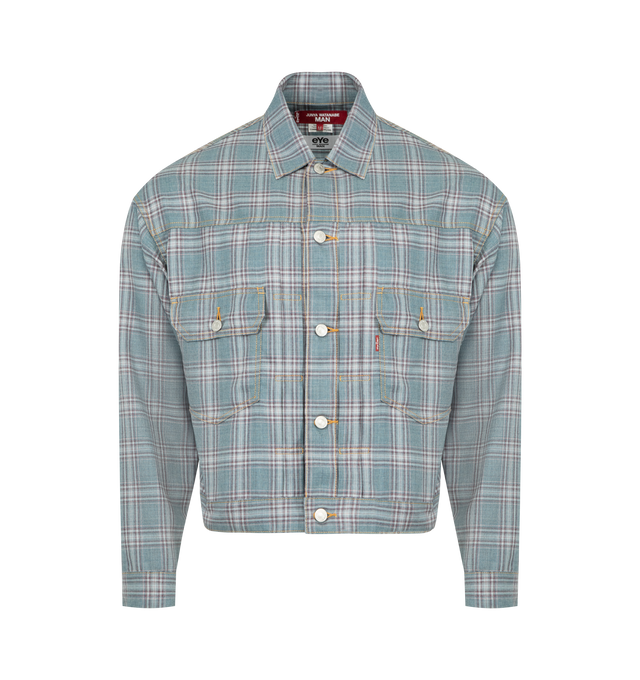 Image 1 of 2 - BLUE - JUNYA WATANABE Plaid Jacket featuring button front closure, two button cuffs, cropped fit, classic collar and plaid throughout.