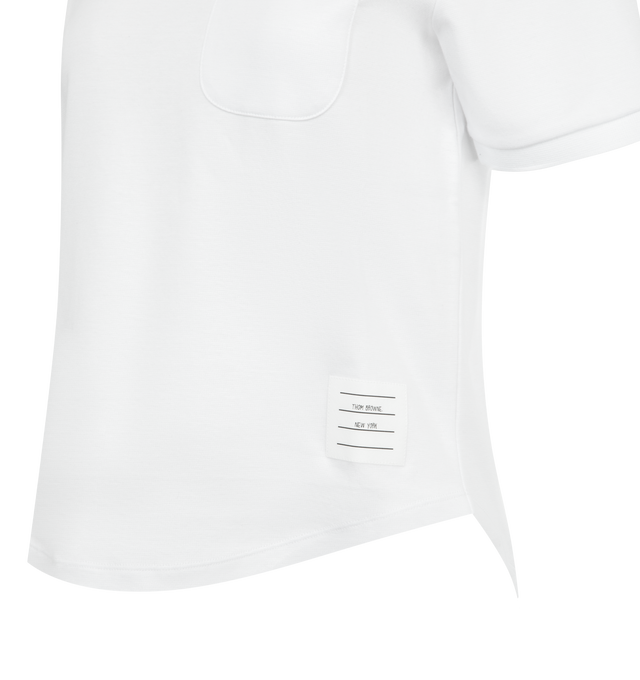 Image 3 of 3 - WHITE - THOM BROWNE Cotton Milano Tee featuring ribbed neckline and cuffs, patch chest pocket, curved stepped hem, name tag appliqu and signature striped grosgrain loop tab. 100% cotton. Made in Italy.