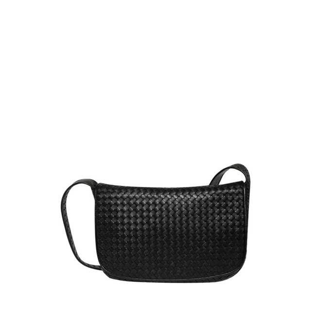 Image 1 of 3 - BLACK - Bottega Veneta Men's Large Messenger bag is crafted with a magnetic flap closure and rounded shape in soft Intrecciato nappa leather. Featuring one main compartment with an interior zipped pocket and one open pocket on the front. Lining: Suede, Hardware: Silver finish. Made in: Italy