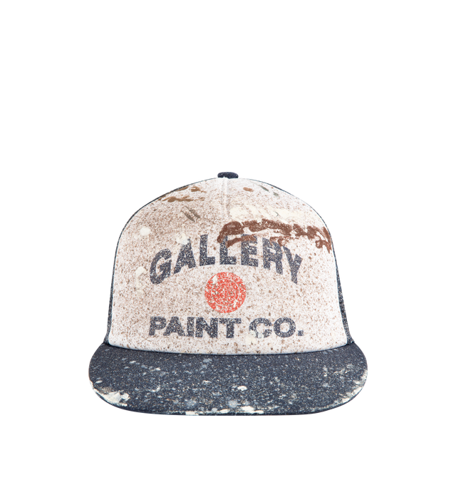 Image 1 of 2 - NAVY - GALLERY DEPT. Alex Hand-Paint Woven Baseball Cap featuring strap fastening, curved peak, brand and text print at front, hand painted at front, contrast mesh panels and internal sweatband. 100% polyester. Made in USA.
