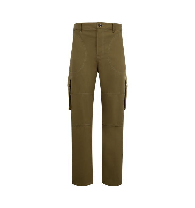 Image 1 of 3 - GREEN - Loewe Men's Cargo Trousers in lightweight compact cotton twill featuring buttoned flap pockets at the sides and back. Regular fit, regular length, mid waist, straight leg, featuring concealed button fly, top-stitched seam pockets and LOEWE embossed leather patch placed at the back. Made in Italy.