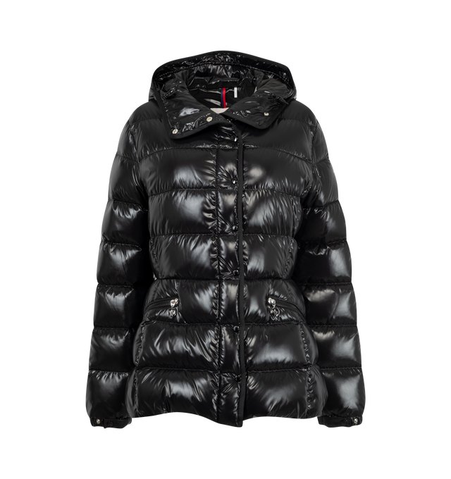 Image 1 of 3 - BLACK - MONCLER Barante Hooded Short Down Jacket featuring nylon laqu lining, down-filled, adjustable hood, zipper and snap button closure, welt pockets and adjustable cuffs. 100% polyamide/nylon. Padding: 90% down, 10% feather.