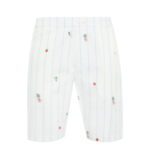 Image 1 of 3 - BLUE - JACQUEMUS Caleon Boxer Shorts featuring mid-rise with elasticated waistband, vegetable motif striped cotton jacquard, buttoned fly with two visible buttons at the waist, wide, above-the-knee length, side-seam pockets and patch pocket on the back. 100% cotton.