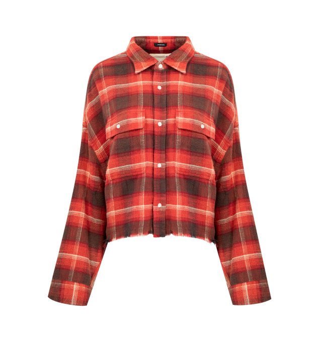 Image 1 of 2 - RED - R13 Cropped Work Shirt featuring spread collar, long sleeves, button cuffs, chest button-through flap pockets, frayed hem and button-front closure. 100% cotton.