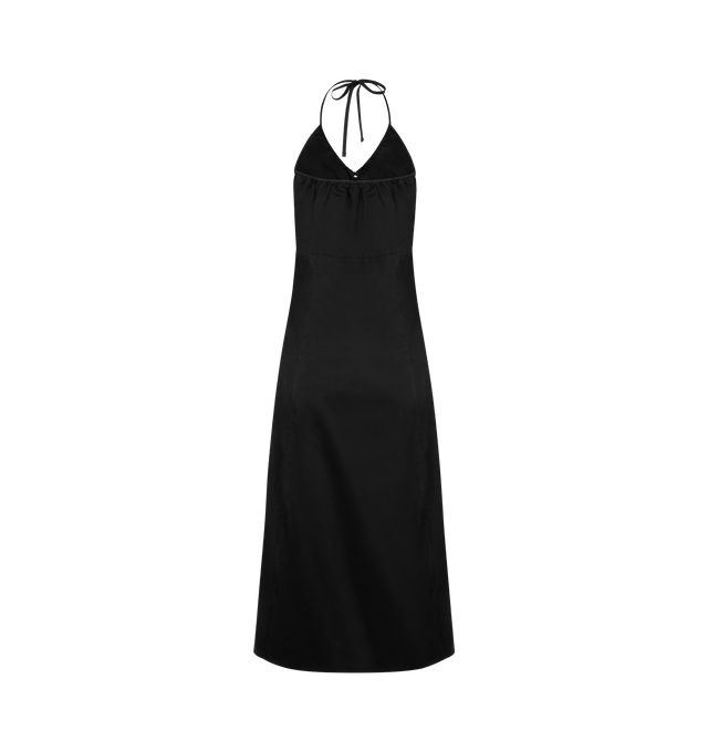 Image 2 of 2 - BLACK - DEIJI STUDIOS Seamed Halter Dress featuring relaxed fit, midi length, flattering v neckline, functional drawcord tie on front and halter neck tie. 100% GOTS organic cotton.