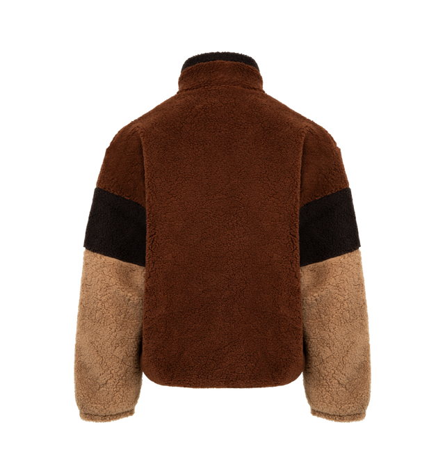 Image 2 of 3 - BROWN - LE PERE Striped Sherpa Pullover featuring multi-colored stripes, slightly oversized fit, lined with a cotton jersey, elastic cuffs and hem and stand collar. 88% polyester, 12% wool. Made in Portugal.