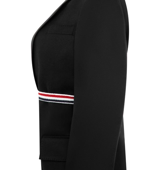 Image 3 of 4 - BLACK - THOM BROWNE 2 in 1 Sportcoat featuringFfront button closure with striped grosgrain bow, 2 front flap pockets, single chest pocket, buttoned cuffs with signature striped grosgrain trim, interior pocket with name tag, removable sleeves and signature striped grosgrain loop tab. 100% cashmere. 58% wool, 42% silk. Lining: 100% cupro. Made in Italy.