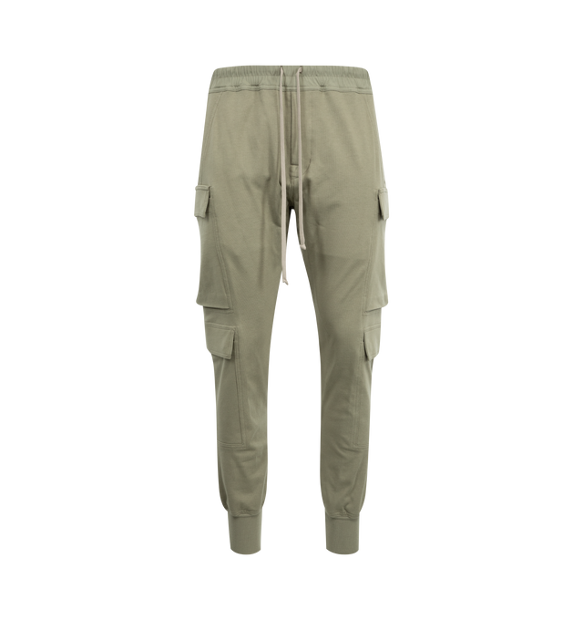 Image 1 of 3 - GREEN - RICK OWENS Men's Mastodon Megacargo Tapered Cotton-Jersey Drawstring Trousers in a comfortable heavyweight cotton-jersey. Pull-on style featuring signature elongated drawstrings, cargo pockets on each leg, ribbed trim at ankles. 100% cotton.