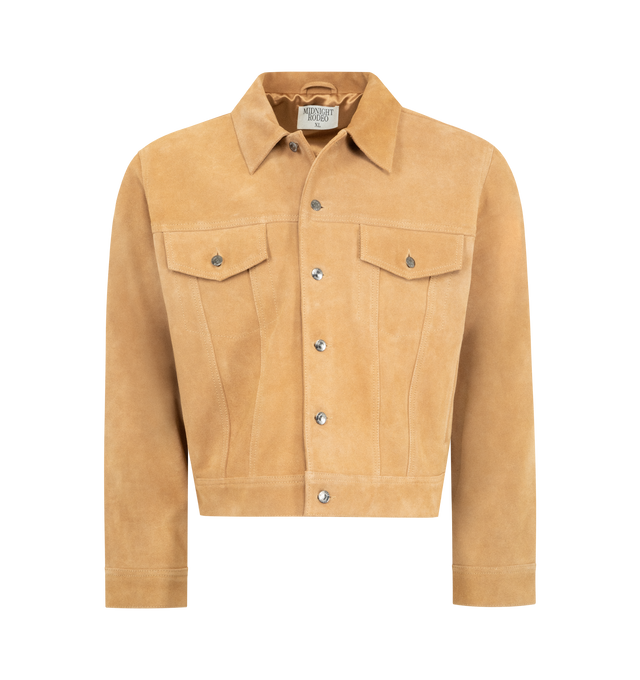 Image 1 of 3 - BROWN - MIDNIGHT RODEO Mr Suede Trucker Jacket featuring a cropped fit, button flap chest pocket, front welt pockets, custom branded hardware, double Western yoke detailing, and a smooth midnight satin lining. Suede.