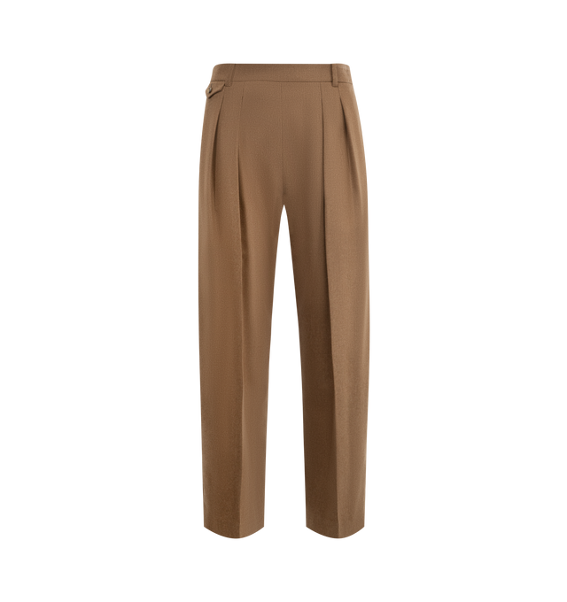 Image 1 of 3 - BROWN - KHAITE Dugan Pant featuring a wider fit, mid-rise, tapering toward the ankle, doubled forward pleats, in-seam side pockets, triangular pocket at hip, back welt pockets and side zipper. 90% virgin wool, 8% cashmere, 2% elastane.