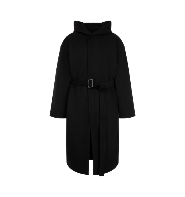 Image 1 of 3 - BLACK - Rick Owens Men's Tower Coat is crafted from heavyweight double-face cashmere and features a below-knee silhouette with a hood, dropped shoulders, and a wrap-front closure. Finished with a horn buckle belt, side seam pockets, back vent, and internal zip pockets. Main Material: 100% cashmere. Pocket Lining: 100% cotton. Buckle: 100% buffalo horn.