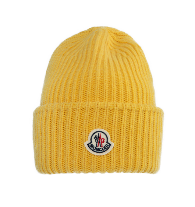 Image 1 of 2 - YELLOW - MONCLER Wool & Cashmere Beanie featuring brioche stitch, Gauge 3 and logo patch. 70% virgin wool, 30% cashmere. 