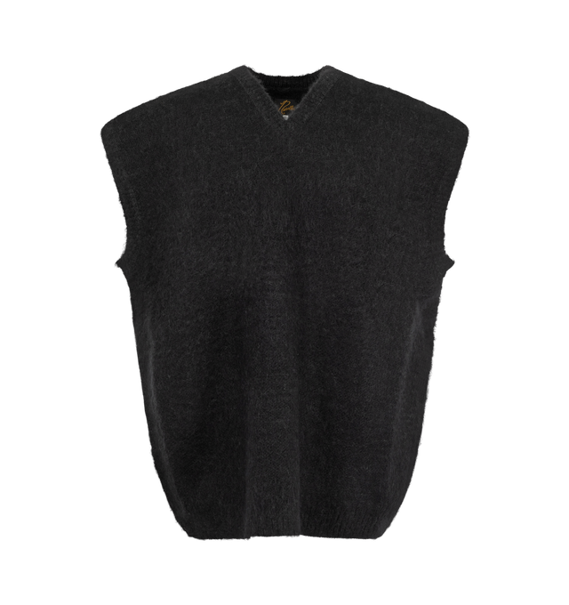 Image 1 of 2 - GREY - Needles Men's Mohair Knit Vest is crafted from a luxurious mohair blend and features a relaxed V-neck silhouette with slightly broad shoulders, allowing for versatile layering. Returning after a popular debut, this lightweight knit offers exceptional warmth while showcasing the rich color depth and subtle sheen characteristic of long-staple mohair fibers. Main Material: 55% Mohair, 30% Nylon, 15% Wool. Made in Japan.