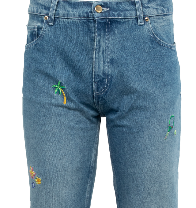 Image 4 of 5 - BLUE - CASABLANCA Stonewashed Embroidered Motif Jeans featuring icon embroidery throughout, mid rise, five-pocket style, full length and straight legs. 100% cotton. Made in Portugal. 