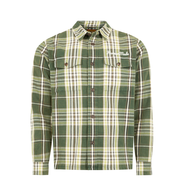 Image 1 of 2 - GREEN - HUMAN MADE Heart Patch Check Shirt featuring a classic check flannel, front embroidered logo, oversized back patch, two chest pockets and button closure. 100% cotton.