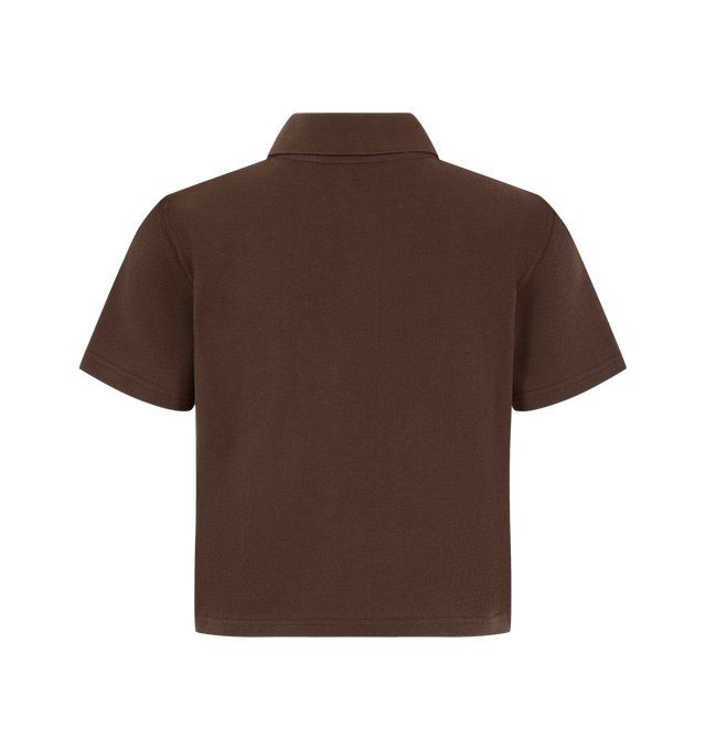 Image 2 of 2 - BROWN - Saint Laurent Women's Cropped Polo Shirt featuring short-sleeves, a tonal logo embroidery at the chest, three-button placket and polo collar. 100% cotton. Made in France.