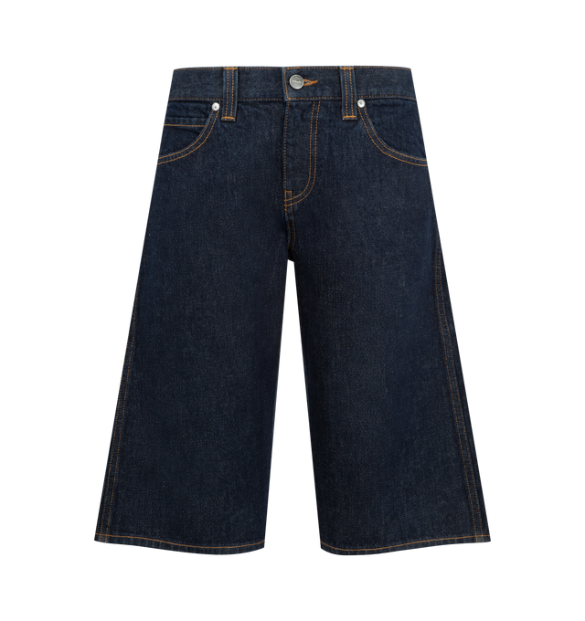 Image 1 of 3 - BLUE - KHAITE Kinga Short featuring low rise, a longer length, five-pocket styling, curved seams that create a subtly bowed silhouette and a signature button of antiqued nickel. 100% cotton.