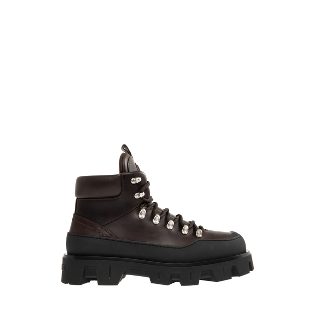 Image 1 of 4 - BROWN - MONCLER Peak Trek Leather Ankle Boots featuring leather upper, leather insole, lace-up closure and rubberized TPU sole with EVA filler. Calf length 13cm. Sole height 5cm.