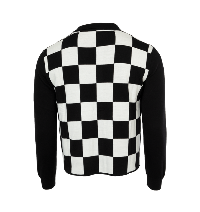 Image 2 of 3 - BLACK - SECOND LAYER Checkered Open Collar Button Up Knit featuring ribbed collar and cuffs, checkered pattern throughout and classic 2-hole pearl buttons. Wool/Cashmere. 