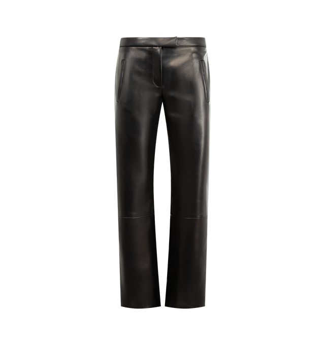 Image 1 of 3 - BLACK - KHAITE Miles Pant featuring a reimagined work pant in soft and lightweight plong lambskin, sits lower on the waist, an eased fit shaped by subtle darts the back, clean waistband, inset side pockets and back welt pockets. 100% lamb.