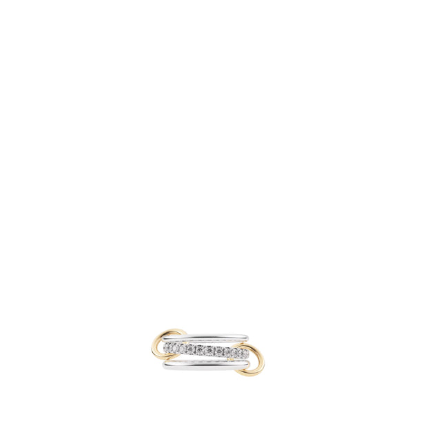 Image 1 of 1 - SILVER - SPINELLI KILCOLLIN Petunia SG Ring featuring a central band of pav diamonds framed by two solid bands of matching metals. Two orbiting connectors link each band. Bands: 1.7mm gauge .925 sterling silver band, 2.8mm gauge .925 sterling silver band, 2.3mm gauge .925 sterling silver band. Diamonds: pav gray diamonds (approx. 1.20 cttw). Connectors: 18k yellow gold.
