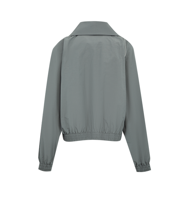 Image 2 of 3 - GREY - BALENCIAGA High Collar Tracksuit Jacket featuring techno cotton poplin, a long high stand up collar, double-ended zip fastening, dropped shoulders, reflective piping, 2 zipped slash pockets, gathered cuffs and waistline and reflective effect artwork printed on the chest. 50% cotton, 50% polyamide. Lining: 100% polyester. Made in Italy.