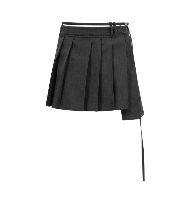 Image 1 of 2 - GREY - ACNE STUDIOS Pleated Skirt featuring deconstructed suiting-inspired wool blend witha thin belt above the waistband, belt loops, a double D-ring, an invisible snap button closure, contrast topstitching, regular fit and mid-thigh length. 55% polyester, 45% wool.