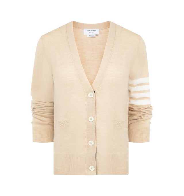 Image 1 of 3 - BROWN - THOM BROWNE 4-Bar Merino Wool Cardigan featuring V-neck, front button closure with striped grosgrain placket, 4-bar stripe detailing, buttoned side vents and cuffs with signature striped grosgrain trim and signature striped grosgrain loop tab at back of neck. 100% merino wool. Made in Italy.