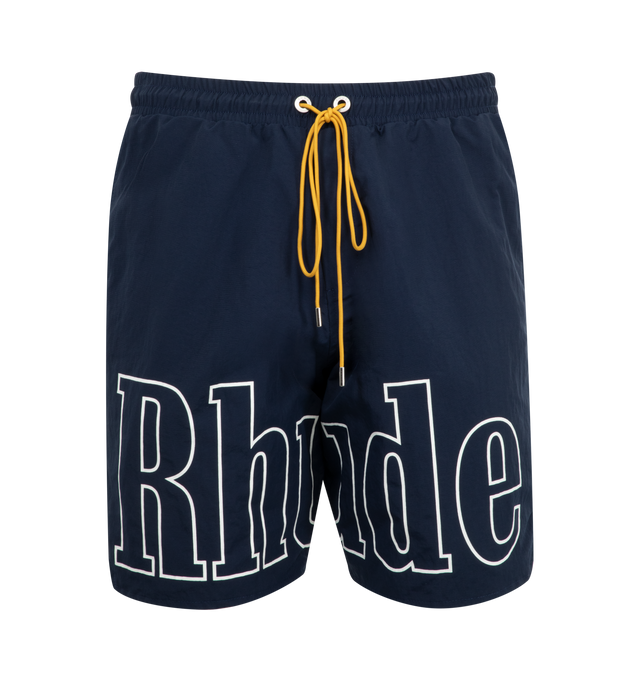Image 1 of 3 - NAVY - RHUDE Logo Short featuring premium washed nylon short with logo print across front legs, twin zipper pockets with matching tonal Rhude Pill hardware and extended drawstrings. 100% nylon.