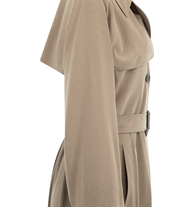 Image 3 of 3 - BROWN - THE ROW Rhydian Coat featuring oversized double-breasted trench coat in refined silk and wool suiting with slant welt pockets, horn button closure, removable buckle belt and interior phone compartment. 50% wool, 50% silk. Lined in 55% silk, 45% cashmere. Made in Italy.
