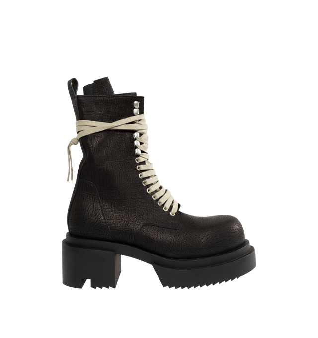 Image 1 of 4 - BLACK - Rick Owens Men's lace-up Bogun boots crafted from washed calf leather. Mid-calf height, rounded toe style featuring a zipper on the leg for easy fastening, eyelets and hooks with long laces that wrap around the ankle and a back pull tab. Rubber mega creeper sole with toothed square 6cm high heel. 100% calf leather upper, lining and insole. Thermoplatic polyurethane sole. Made in Italy.