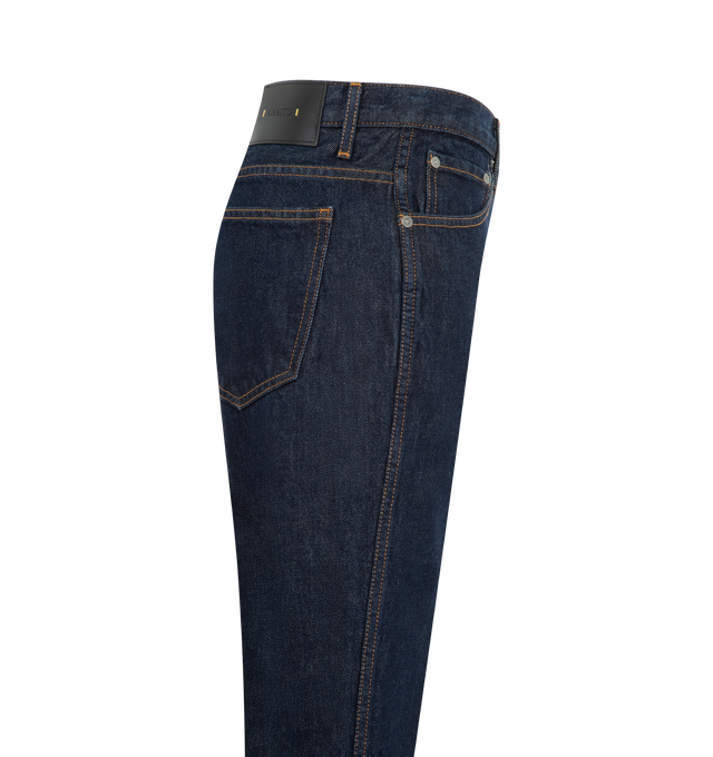 Image 3 of 3 - BLUE - KHAITE Clara Jean featuring a 70s-inspired cropped flare, mid-rise silhouette, squared and sleek lines and a signature button of antiqued nickel. 100% cotton.