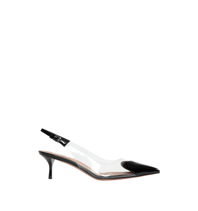 Image 1 of 5 - BLACK - ALAIA Heart Slingbacks in Patent Lambskin featuring clear vamp, pointy cap toe with a patent-leather heart and adjustable slingback strap with buckle closure. 55MM. Leather and synthetic upper. Leather lining. Leather and rubber sole. Made in Italy. 