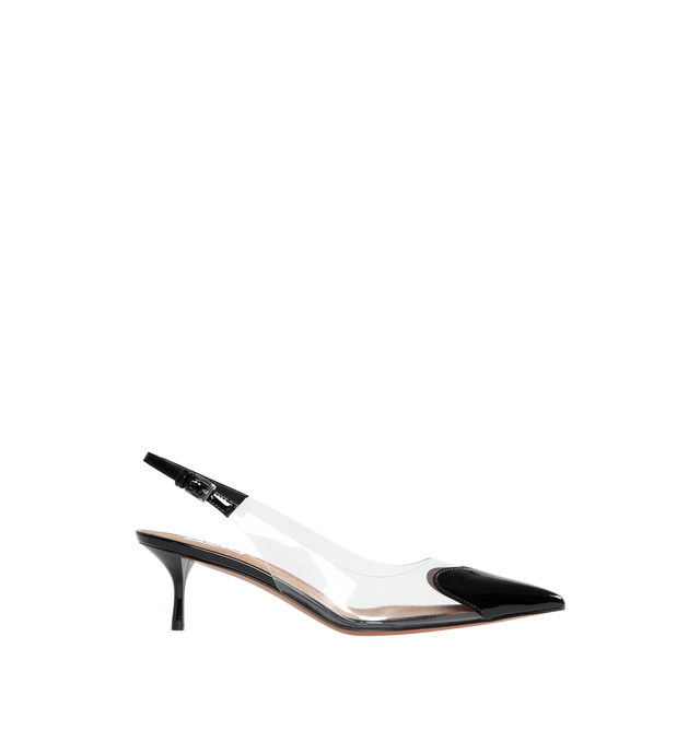 Image 2 of 6 - BLACK - ALAIA Heart Slingbacks in Patent Lambskin featuring clear vamp, pointy cap toe with a patent-leather heart and adjustable slingback strap with buckle closure. 55MM. Leather and synthetic upper. Leather lining. Leather and rubber sole. Made in Italy.