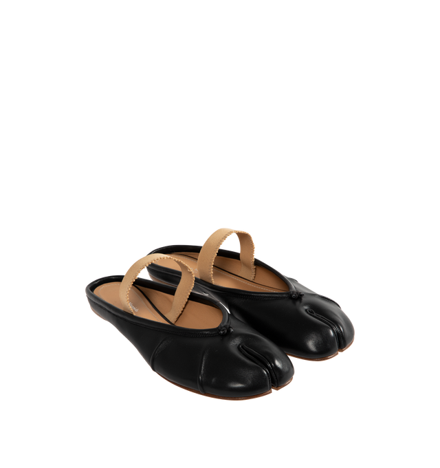 Image 2 of 4 - BLACK - MAISON MARGIELA Tabi Leather Ballerina Mules featuring slip-on style, low stacked heel, elasticated strap, raw edge, split toe, branded footbed and leather sole. 100% leather. Made in Italy.