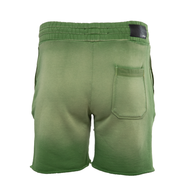 Image 2 of 4 - GREEN - AMIRI Track Shorts featuring logo at the back, logo at the back label, front logo, knee length, side pockets, back patch pocket, elasticated drawstring waist. 100% cotton.  