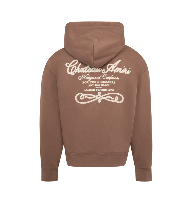 Image 2 of 2 - BROWN - AMIRI Chateau Script Hoodie featuring french terry hoodie, logo and text embroidered at chest, kangaroo pocket at waist, rib-knit hem and cuffs, dropped shoulders and logo graphic and text embroidered at back. 100% cotton. Made in Italy.