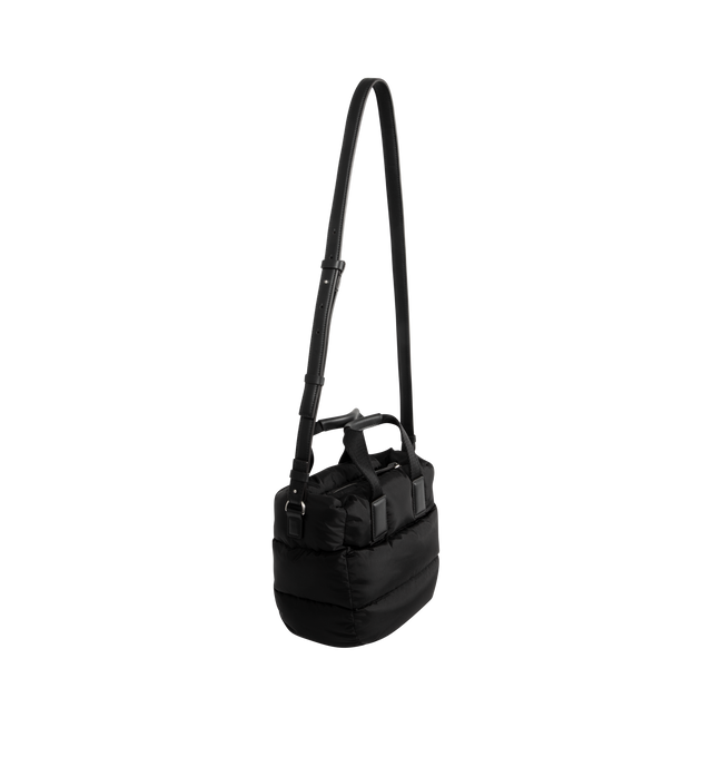 Image 2 of 3 - BLACK - MONCLER Caradoc Water-Repellent Mini Tote Bag featuring water-repellent nylon, nylon drill lining, down-filled, ribbon handles with leather grip, adjustable and detachable leather shoulder strap, zipper closure and metal logo. L 30 cm x H 20 cm x D 13 cm. 100% polyamide/nylon. Lining: 95% cotton, 5% acrylic. Padding: 90% down, 10% feather.