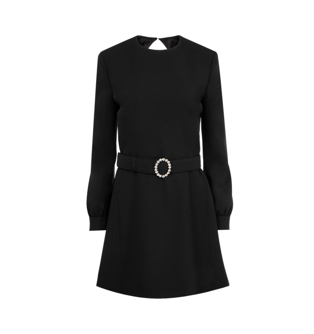 Image 1 of 2 - BLACK - SAINT LAURENT Backless Mini Dress featuring long-sleeves mini length, a round neck, diamond-cut open back, viscose lining, button closure at the back neck, concealed zip closure with hook-and-eye safety at the back skirt, adjustable and removable belt with crystal-set oval buckle and padded shoulders. 53% acetate, 47% viscose. Made in Italy.