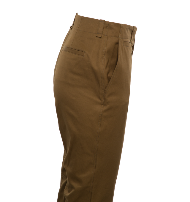 Image 3 of 4 - BROWN - SAINT LAURENT Cotton Twill Pants featuring mid rise, tailored, straight leg, center crease, slash pockets, upturned cuffs and belt loops. 100% cotton. Made in Italy. 