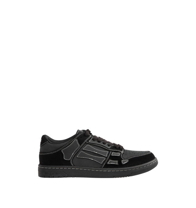 Image 1 of 5 - BLACK - AMIRI Skel Top Low Sneaker featuring low-top sneaker crafted with hand-cut skeletal appliqus along the sidewalls, perforated toe, padded collar, molded insole and lace-up style. Leather upper, textile lining, rubber sole.