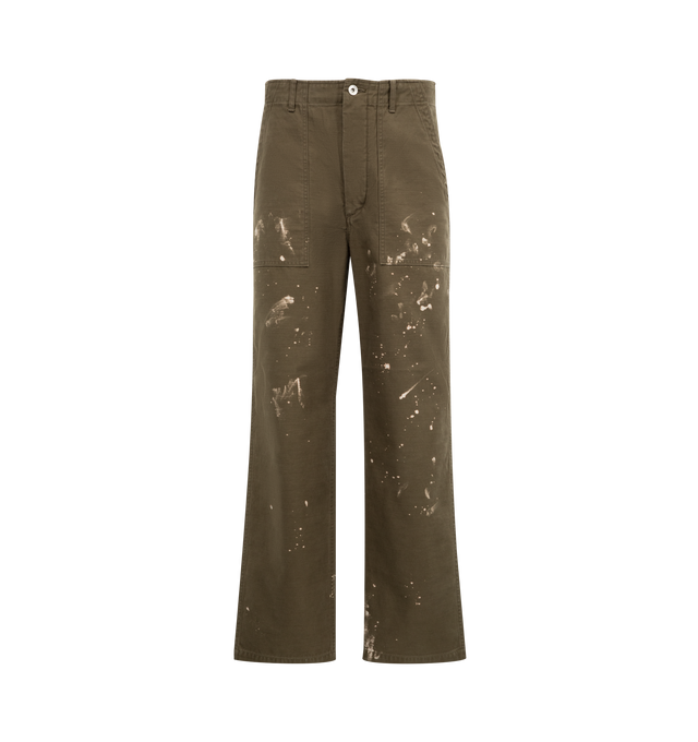 Image 1 of 3 - BROWN - AURALEE Washed Baggy Satin Bleached Baker Pants featuring four pocket style, relaxed fit, button zip closure, belt loops and paint throughout. 100% cotton.