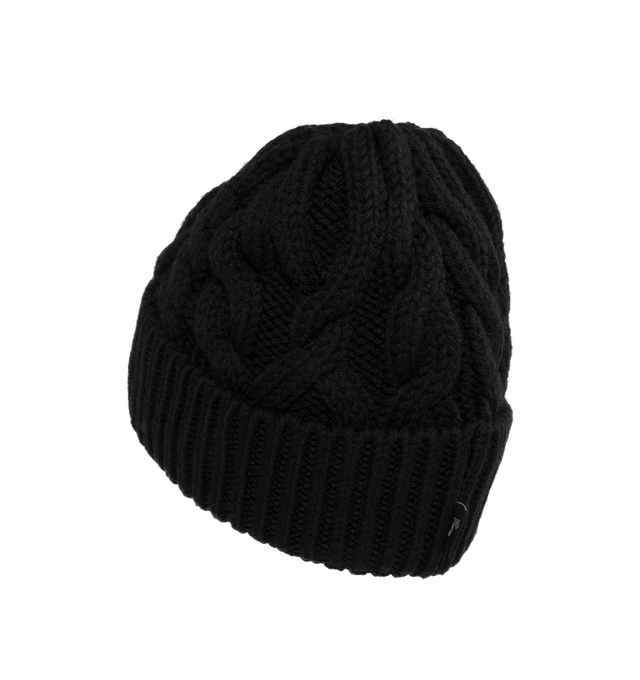 Image 2 of 2 - BLACK - MONCLER GRENOBLE CABLE KNIT WOOL BEANIE featuring ultra-fine wool, stockinette stitch, Gauge 3 and nylon laqu tricolor logo. 100% virgin wool. 