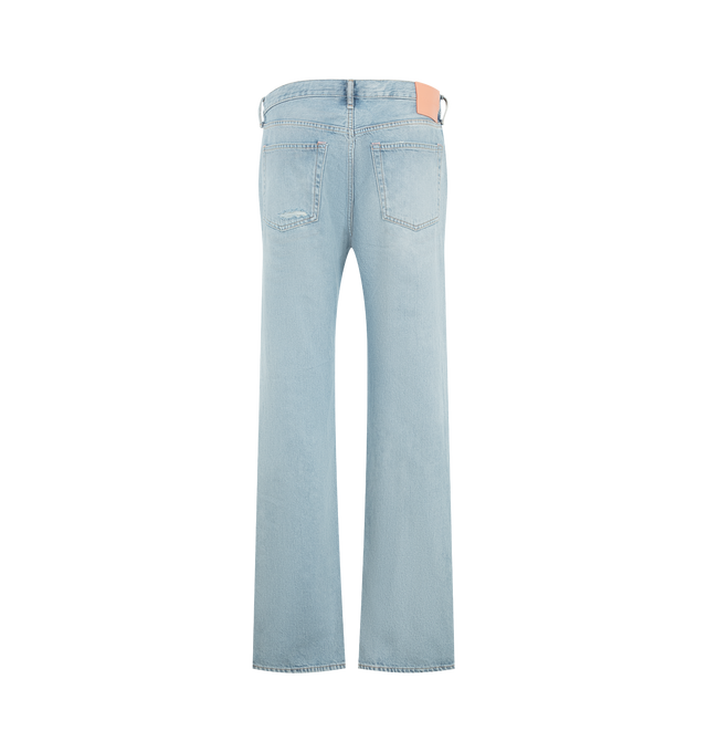 Image 2 of 3 - BLUE - Acne Studios Mens 1996 Jeans are crafted from non-stretch cotton denim. Feature a regular fit, mid-rise waist, straight leg, light blue vintage wash, distressed detailing, button fly, and leather logo patch at the back. Main Material: 100% Cotton; Made with organically grown cotton. Made in Portugal.