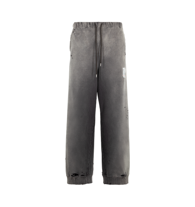 Image 1 of 3 - GREY - Maison Mihara Yasuhiro Men's Sun Faded Like Sweat Pants are crafted from cotton and feature a sun-faded appearance with bleached and distressed detailing, a college-inspired graphic print, and side pockets. Main Material: 100% Cotton. Made in Japan.